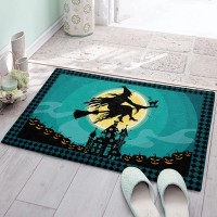 Cozy Plush Doormats 18x30in Absorbent Cushioned Kitchen Mat Area Runner Rugs for Bathroom&Stand-up Desks, Halloween Haunted House Witch Pumpkins Bats Black Cat Full Moon on Teal Entryway Carpet