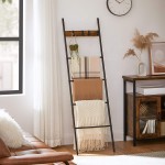 VASAGLE Blanket Ladder 5-Tier Quilt Ladder Space-Saving Decorative Ladder with 4 Removable Hooks Metal Frame Industrial Style Rustic Brown and Black ULLS016B01
