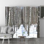 Canvas Room Divider Screen Black and White Birch Trees with Birch bark in Winter on Snow 6 Panel Office Wooden Folding Screen Deco Canvas Privacy Partition Wall Divider for Rooms