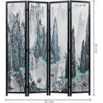 MyGift 4-Panel Asian Watercolor Oriental Landscape Chinese Calligraphy Room Divider with Wood Frame Screen