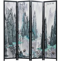 MyGift 4-Panel Asian Watercolor Oriental Landscape Chinese Calligraphy Room Divider with Wood Frame Screen