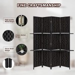 OUTGAVA HighQuality 4 Panel Room Divider 6Ft Tall Folding Privacy Wall Divider with 2 Display Shelves Weave Fiber Partition Screen for Freestanding Room Separator Black