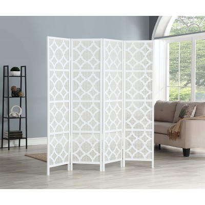 Roundhill Furniture Quarterfoil Infused Diamond Design 4-Panel Room Divider White