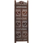 The Urban Port Hand Carved Sun and Moon Design Foldable 4 Panel Wooden Room Divider Brown