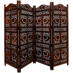 The Urban Port Hand Carved Sun and Moon Design Foldable 4 Panel Wooden Room Divider Brown