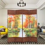 THY COLLECTIBLES Decorative Freestanding Woven Bamboo & Canvas Print 4 Panels Hinged Panel Screen Portable Folding Room Divider Forest Park