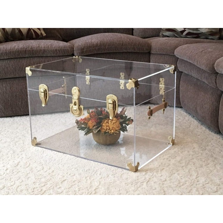 Flat-Top Clear Acrylic Trunk 28 inches Wide x 18 inches deep x 16 inches high Brass Hardware