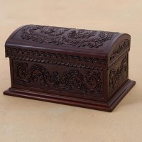NOVICA Floral Tooled Leather Dark Brown Decorative Storage Chest 'Classic Inspiration'
