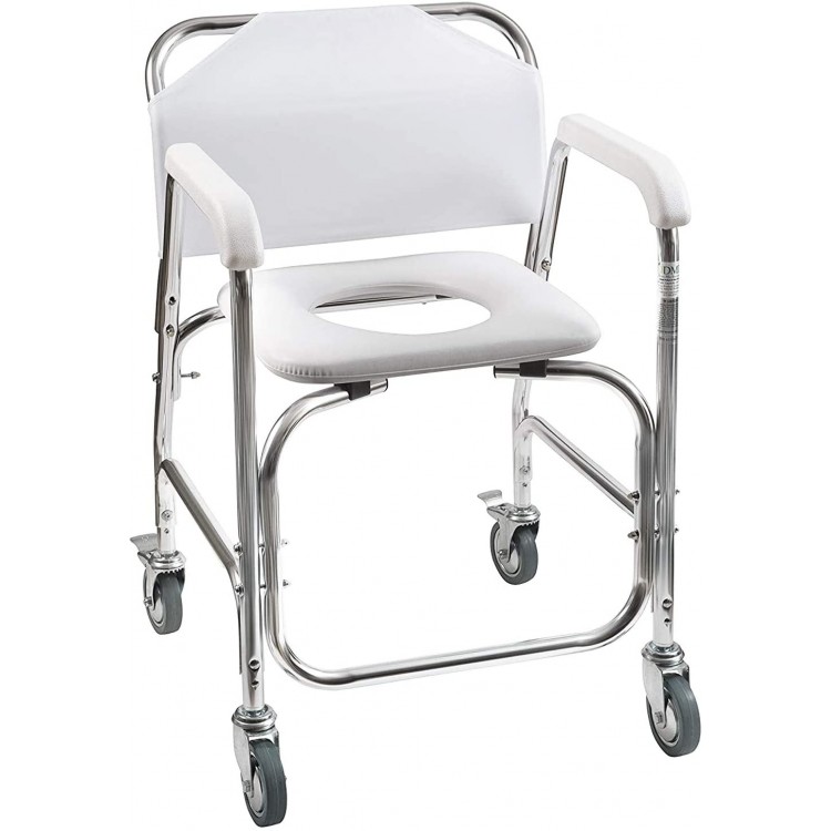 DMI Rolling Shower Chair Commode Transport Chair Rolling Bathroom Wheelchair for Handicap Elderly Injured or Disabled 250 lb. Weight Capacity White