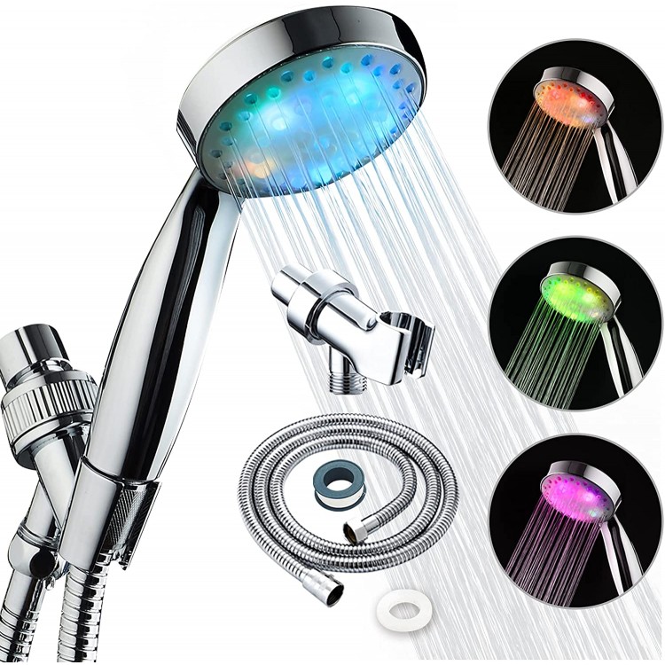 KAIREY Led Shower Head 7 Color Light Change Automatically Handheld Showerhead Polished Chrome with 60 Inches Stainless Steel Hose and Adjustable Bracket