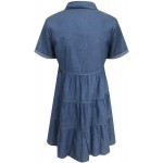 Kidyawn Casual Shirts Dress for Women V-Neck Lapel Short Sleeve Gowns Summer Beach Solid Button Skirt Knee-Length Dresses