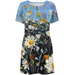 Kidyawn Pullover Dress for Women Short Sleeve Loose Gowns Floral Printed Knee Length Skirt Straight Swing Dresses