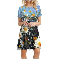 Kidyawn Pullover Dress for Women Short Sleeve Loose Gowns Floral Printed Knee Length Skirt Straight Swing Dresses