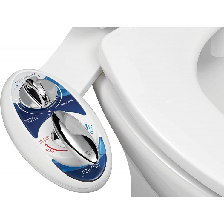 LUXE Bidet Neo 320 Self Cleaning Dual Nozzle Hot and Cold Water Non-Electric Mechanical Bidet Toilet Attachment blue and white 13.5 x 7 x 3 inches