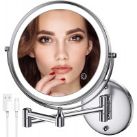 Rechargeable Wall Mounted Lighted Makeup Mirror Chrome 8 Inch Double-Sided LED Vanity Mirror 1X 10X Magnification,3 Color Lights Touch Screen Dimmable 360°Swivel 13 Inch Extendable Bathroom Mirror