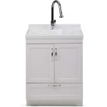 SIMPLIHOME Maile Transitional 28 inch Laundry Cabinet with Pull-out Faucet and ABS Sink with Storage Compartment and 1 drawer for the Laundry room Utility room Transitional