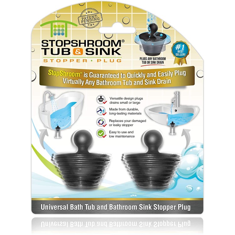 StopShroom Tub 2 Pack Universal Stopper for Bathtub and Bathroom Sink Drains Black Plug 2pk 2 Count