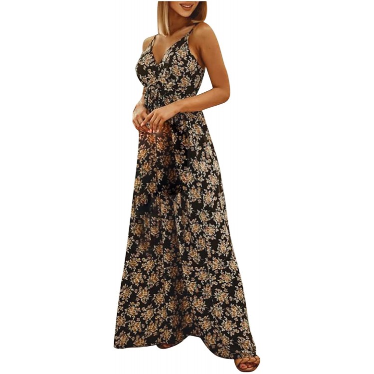 Summer Holiday Dress for Women Cross V-Neck Sling Skirt Vintage Floral Printed Boho Gowns Ankle-Length Dresses