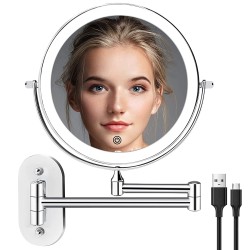 Wall Mounted Lighted Makeup Vanity Mirror 8 inch 1X 10X Magnifying Mirror with 3 Color Lights Double Sided Bathroom Mirror with Dimmable LED Lights 360° Swivel Extendable Shaving Light up Mirror