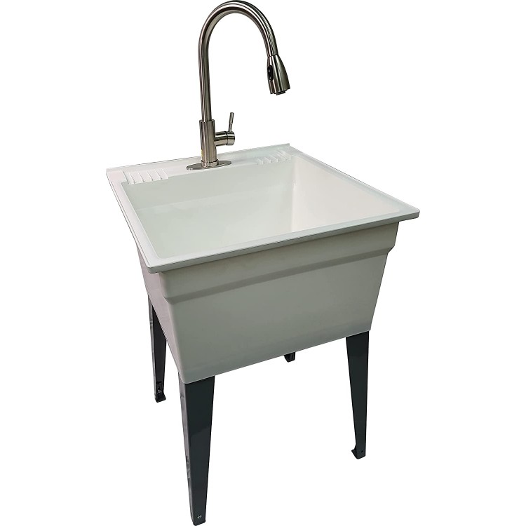 Wasserman Faucets T20WMS14B Laundry Utility White Tub 20 Gallon with Steel Legs-with SS Utility Faucet