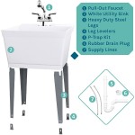 White Utility Sink Laundry Tub With Pull Out Chrome Faucet Sprayer Spout Heavy Duty Slop Sinks For Washing Room Basement Garage or Shop Large Free Standing Wash Station Tubs and Drainage White