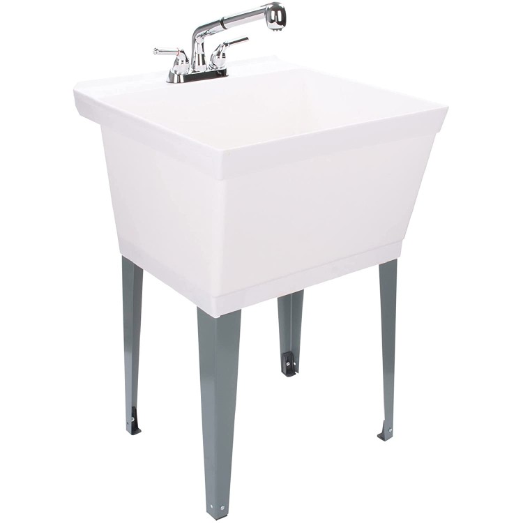 White Utility Sink Laundry Tub With Pull Out Chrome Faucet Sprayer Spout Heavy Duty Slop Sinks For Washing Room Basement Garage or Shop Large Free Standing Wash Station Tubs and Drainage White