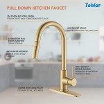 Tohlar Gold Kitchen Faucets with Pull-Down Sprayer Modern Kitchen Sink Faucet Stainless Steel Single Handle Kitchen Faucet with Deck Plate Brushed Gold