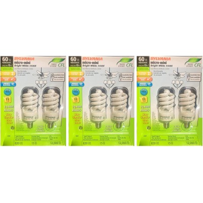 6 Bulbs Sylvania Micro-Mini CFL Spiral 60 watt Equivalent Bright White 3500K Candelabra Base Micro Energy efficient CFL Light Bulb