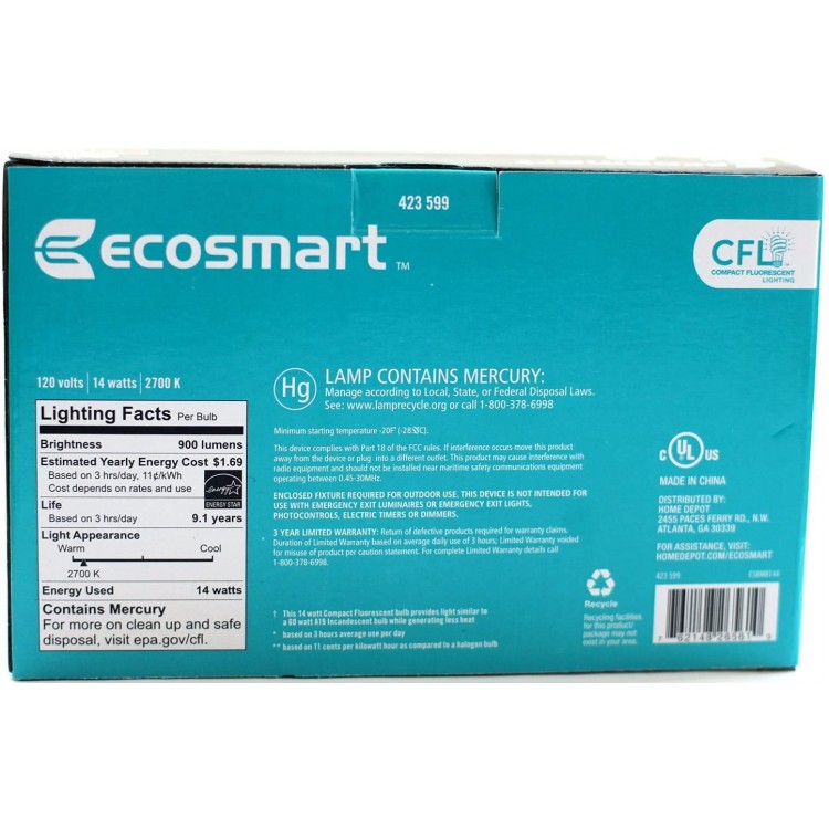 EcoSmart 60w CFL Soft White Lightbulb-2 Pack=8 bulbs