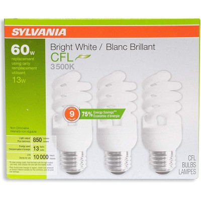 Sylvania 13W CFL T2 Spiral Light Bulb 60W Equivalent 850 Lumens 3500K Bright White Non-Dimmable 9-Pack Bright White