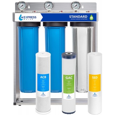 Express Water Whole House Water Filter – 3 Stage Home Water Filtration System – Sediment Coconut Shell Carbon Filters – includes Pressure Gauges Easy Release and 1” Inch Connections