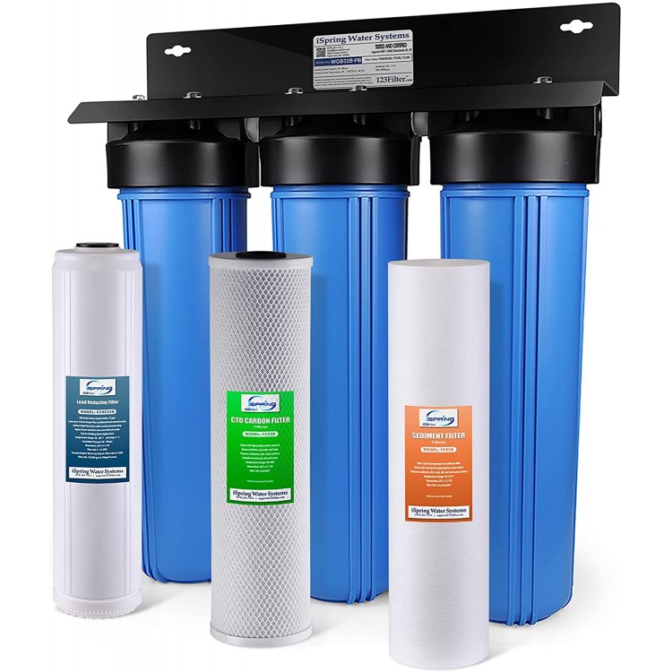 iSpring Whole House Water Filter System w  20" x 4.5" Sediment Carbon and Lead Reducing Water Filters 3-Stage Whole House Water Filtration System Model: WGB32B-PB