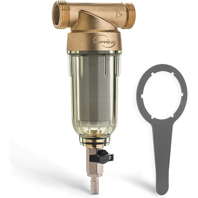 iSpring WSP-50 Reusable Whole House Spin Down Sediment Water Filter 50 Micron Flushable Prefilter Filtration 1" MNPT + 3 4" FNPT Lead-Free Brass