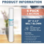 Membrane Solutions 5 Micron Sediment Water Filter Replacement Polypropylene Cartridge 20" x 2.5" for Whole House Filter System 6 Pack