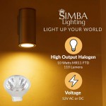 Simba Lighting 10 Watt 12 Volt MR11 Halogen Spotlight Bulbs 2 Pack 2-Pin 110lm 30° Beam Angle for Accent Track Light and Fiber Optics GU4 Bi-Pin Base Glass Cover Warm White 2700K Dimmable