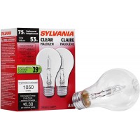 Sylvania Halogen A19 75W Replacement Light Bulb E26 Medium Base 1050 Lumens 2950K Natural White 100 CRI Clear Finish 2 Pack 52555
