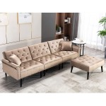 Ivinta Convertible Velvet Sofa Couch Sectional Sofa with Ottoman Mid-Century Upholstered Comfy Futon Sofa Bed Sleeper Sofa 4-Seater Loveseat for Apartment Living Room Office Brown
