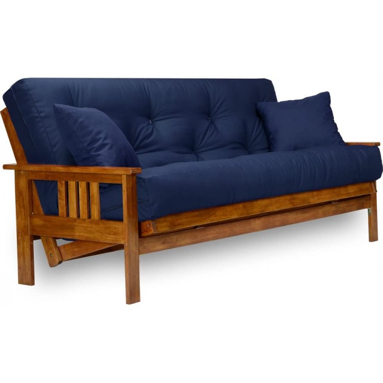 Stanford Futon Set Full Size Futon Frame with Mattress Included 8 Inch Thick Mattress Twill Navy Blue Color Heavy Duty Wood Popular Sofa Bed Choice