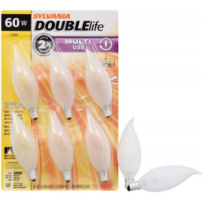 SYLVANIA Double Life Multi-Use Incandescent Bulb 60W B10 E12 Candelabra Base Frosted 525 Lumens 2850K Clear Soft White 6 Pack 15325