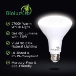 4 Pack Bioluz LED 90 CRI BR30 LED Bulbs Dimmable 7.5W = 65 Watt Replacement 2700K Warm White 650 Lumen Indoor Outdoor Flood Lights UL Listed Title 20 High Efficacy Lighting Pack of 4