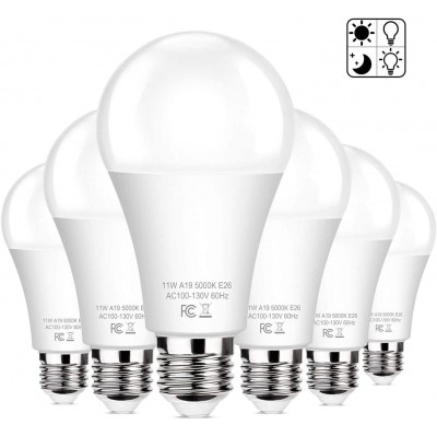 6-Pack Dusk to Dawn LED Light Bulbs A19 11W100Watt Equivalent E26 Basic Automatic On Off 1200LM Daylight White 5000K Smart Sensor Lights Outdoor for Porch Garage Yard Patio Garden