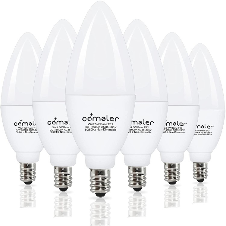 E12 LED Candelabra Bulb Comzler Ceiling Fan Light Bulbs 5 Watt 60 Watt Equivalent Daylight 5000K LED Chandelier Light Bulbs Candle Bulb Small Base for Chandelier Non-Dimmable 6 Pack