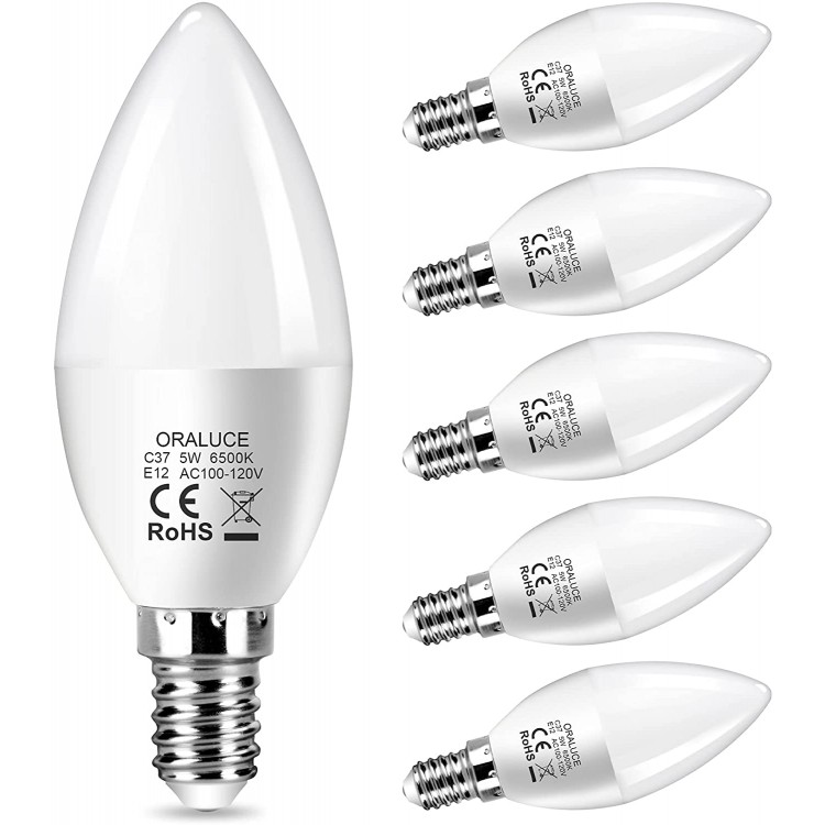E12 LED Candelabra Light Bulbs 40 Watt Equivalent 6500K Cool White Chandelier Light Bulbs Non-dimmable ORALUCE Type B Light Bulb for Ceiling Fan 5W 450LM 6 Pack