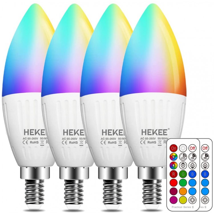 E12 LED Candle Light Bulbs Color Changing 40W Incandescent Equivalent 450 Lumen RGB + 2700K Warm White 5Watt 12 Colors 2 Modes Timer Remote Control