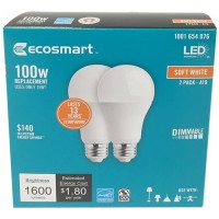 EcoSmart 100W Soft White 2700K A19 Dimmable LED Light Bulbs 1600 Lumens each 2-Pack