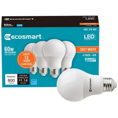 Ecosmart 60W Equivalent Soft White A19 Energy Star and Dimmable LED Light Bulb 4-Pack
