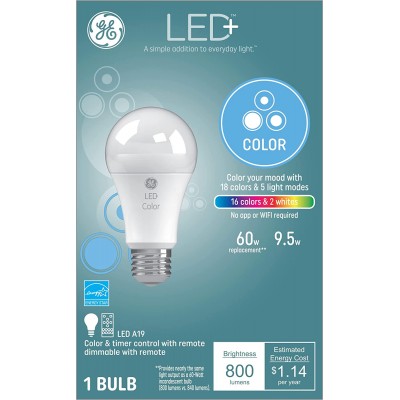 GE LED+ Color Changing Light Bulb Dimmable Soft White and Daylight with Remote Medium Base 60 Watt Replacement Standard Bulb Shape Pack of 1