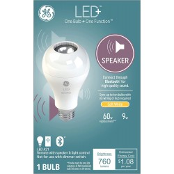 GE LED+ Speaker Light Bulb Bluetooth Enabled Speaker and Light Control with Remote Soft White 60 Watt Replacement Standard Bulb Shape Pack of 1