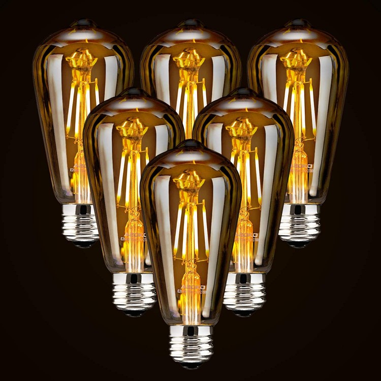 LED Dimmable Edison Light Bulbs 40W Equivalent 2200K-2400K Warm White Amber Glass ST64 E26 Base Pack of 6