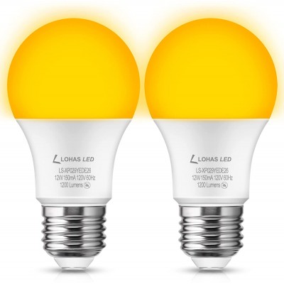 LOHAS Bug Light Bulb 12W A19 Dimmable LED Bulbs Yellow Bug Light Bulbs 75-100W Incandescent Bulbs Equivalent Amber Light Bulb 2000K 1200LM Edison Bulb E26 Base LED Bulb UL Listed 2 Pack